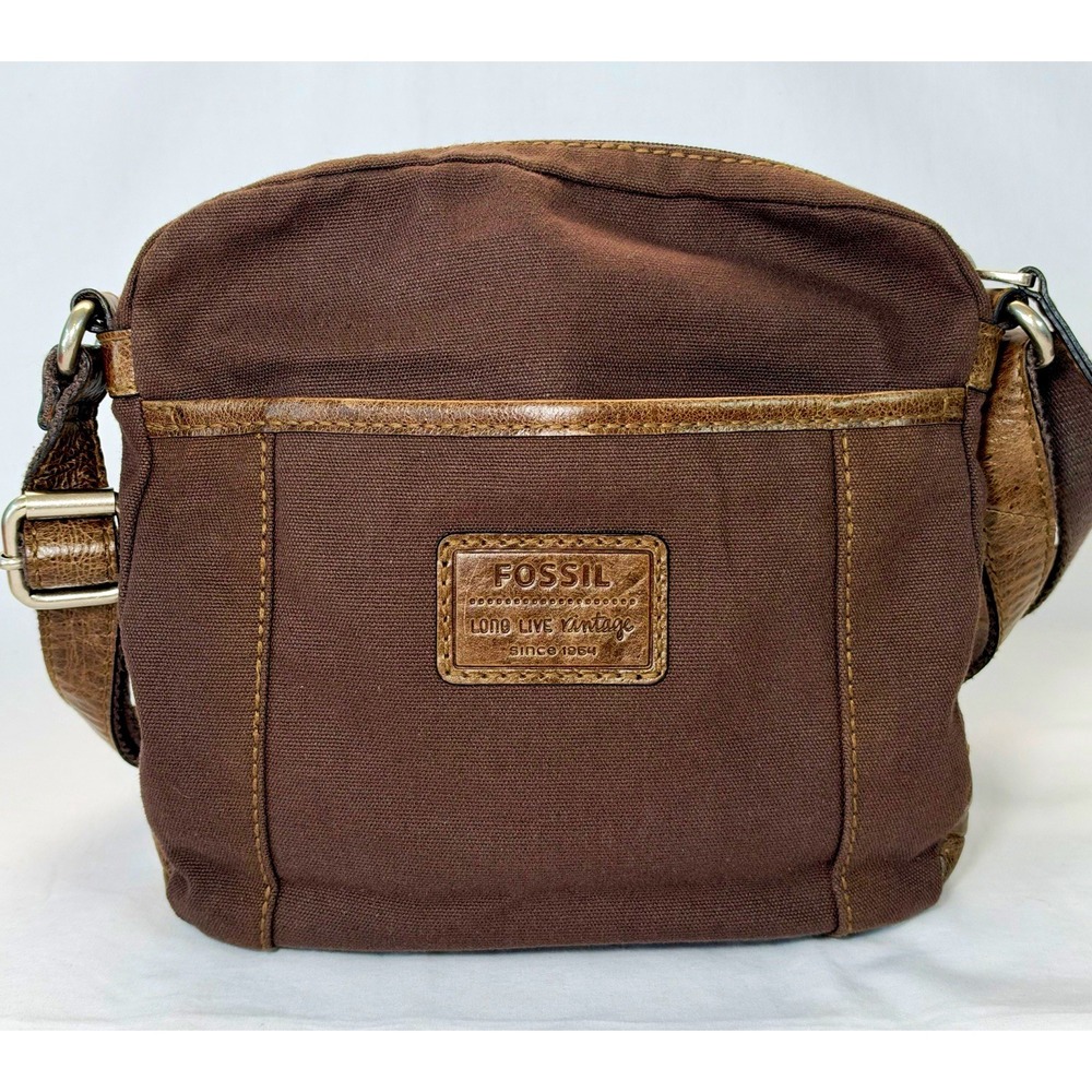 Fossil Women's dark Brown Leather & Canvas Long Live Vintage Bag 6 Pockets